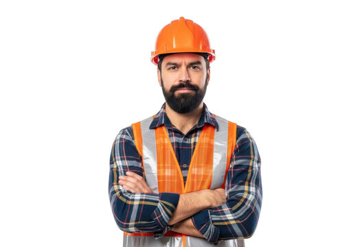 A confident bearded construction worker wearing an orange hard hat and reflective safety vest with arms crossed isolated on transparent background - Powered by Adobe