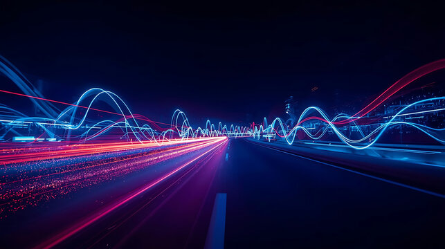 Illuminated highway traffic through the city at nighttime in the dark