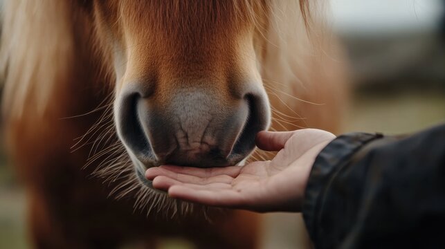 A person gently feeds or pets a horse, focusing on the horse's nose and the human hand.