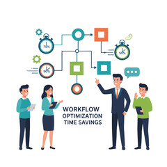 Business People Collaborating On Workflow Optimization And Time Savings With Flowchart And Timers In Minimalist Vector Design Against Black Background