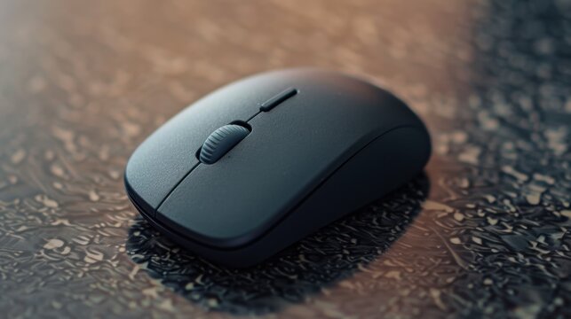 Black wireless computer mouse on textured surface with scroll wheel and two buttons, technology and office equipment concept. - Powered by Adobe