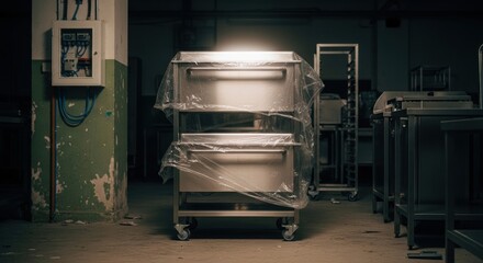 Unused commercial kitchen furniture in a dark warehouse. Stainless steel trolley with drawers covered in plastic. Food service industry closure or renovation project concept