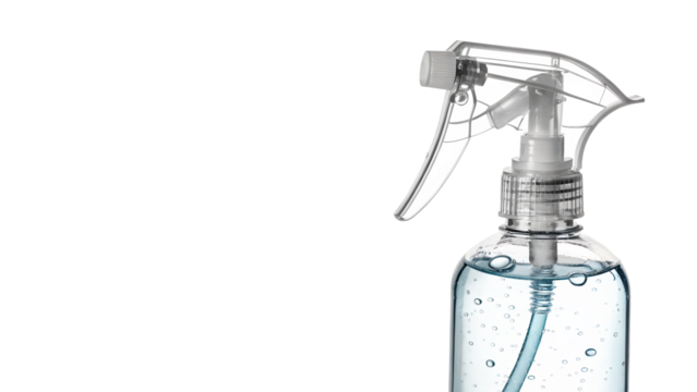 Clear spray bottle filled with blue liquid and bubbles, isolated on transparent background