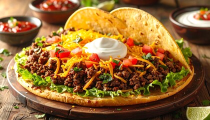 Delicious Mexican Taco Salad on a Large Tortilla.