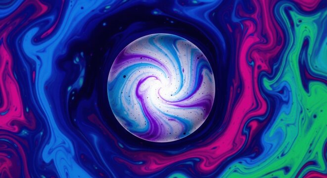 Vibrant abstract sphere with swirling colors. Psychedelic fluid art with marbling ink effect. Creative cosmic concept for digital design. Dynamic motion of colorful liquid paint