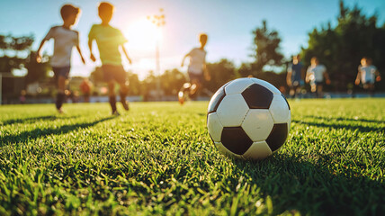 Children Playing Soccer on a Sunny Day with a Soccer Ball in Focus