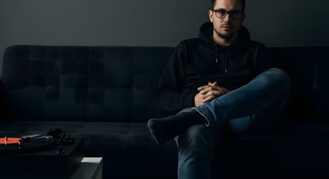 Vinyl record player, Man with eyeglasses on the couch listening vinyl record player a