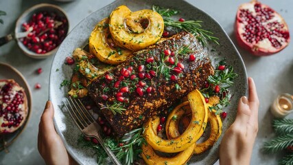 A beautifully arranged vegan meal featuring roasted pumpkin, a hearty loaf, and vibrant pomegranate seeds, styled with fresh herbs. Ideal for autumn celebrations or healthy holiday feasts