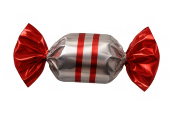 Candy in shiny silver wrapper with red stripes and twisted red foil ends, offering sweet treat on transparent background
