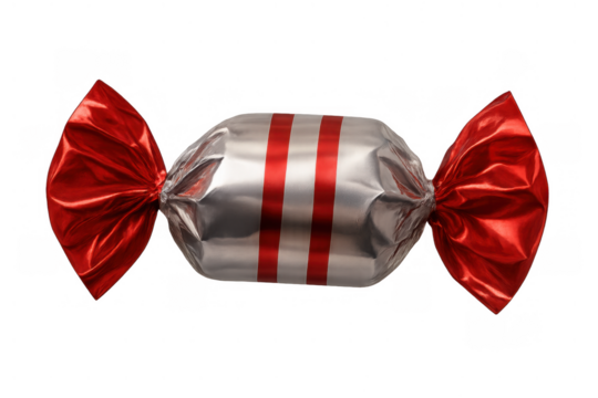Candy in shiny silver wrapper with red stripes and twisted red foil ends, offering sweet treat on transparent background