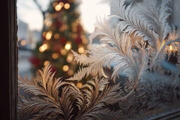 Intricate ice patterns on a window framing a beautifully decorated Christmas tree glowing with lights in the background at twilight