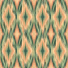 Modern Ikat Autumn Diamond: Geometric Symmetry in Green, Peach, and Beige with Woven Depth