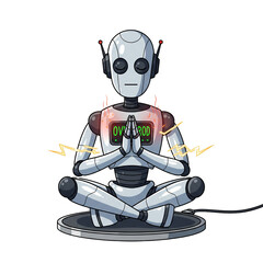 Robot meditating, seeking digital zen and overcoming system overload
