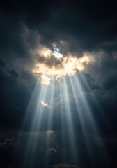 Divine light beam breaking through dark storm clouds, symbolizing hope, spirituality, and a path to redemption and peace ,ray ,outdoor ,storm