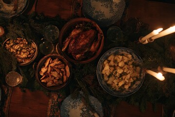 Festively decorated table featuring roasted dishes, candles, and greenery for a cozy Christmas dinner celebration
