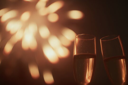 Celebrate New Year's Eve with fireworks and champagne, toasting with friends under a sky filled with bright colors and festive cheer