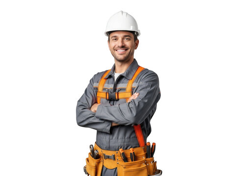 Smiling construction worker wearing safety helmet and harness with tool belt arms crossed isolated on transparent background