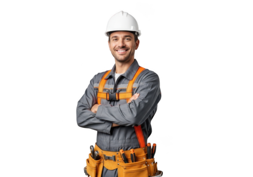 Smiling construction worker wearing safety helmet and harness with tool belt arms crossed isolated on transparent background