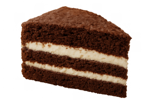 Chocolate cake slice showing creamy white layers, a tempting dessert pastry with cocoa powder topping on transparent background