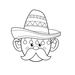 Man with a big beard wearing a sombrero clip art black and white hand drawn 