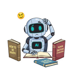Confused AI robot studies human emotions and happiness books