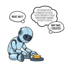 Sad robot ponders existence and purpose with binary code thoughts