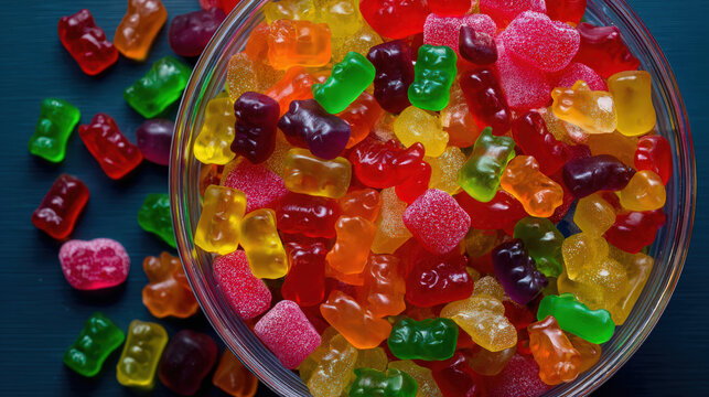 assorted candies in a bowl colorful gummy treats flat lay