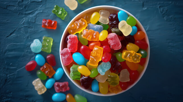 assorted candies in a bowl colorful gummy treats flat lay - Powered by Adobe