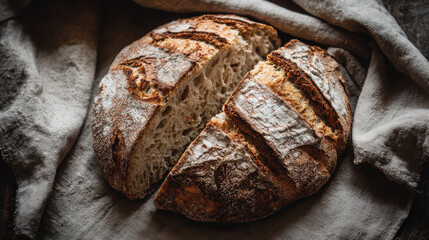 rustic sourdough bread loaf sliced on linen cloth flat lay