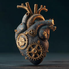 steampunk mechanical heart with gears and brass textures cinematic lighting dark background artistic realism