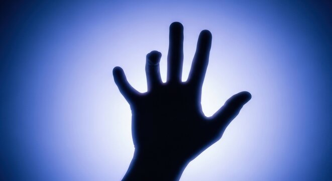 Human hand silhouette with a missing finger. Mysterious glowing light source. Paranormal or science fiction concept. Medical condition or unique physical trait. Reaching for contact