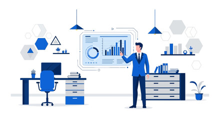 A professional businessman presenting financial data analysis in a modern office setting with
