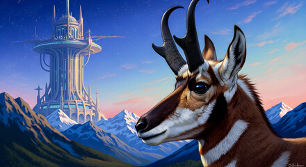 Futuristic Cityscape Overlooking Majestic Mountains with a Pronghorn Antelope in the Foreground