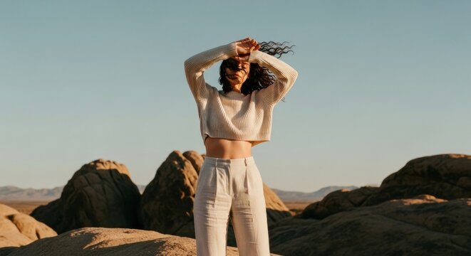 Stylish female adult in minimalist fashion. Natural beauty and wellness concept in a desert landscape. Sustainable clothing brand campaign for a travel lifestyle blog