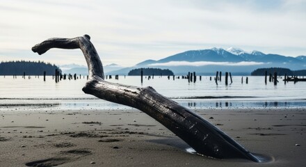 Sculptural driftwood on a remote beach. Serene coastal scene with calm water and mountain range. Natural abstract art form. Concept for travel, tranquility and environmental awareness