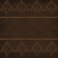 Elegant dark brown Christmas background with embossed “joy” text and ornate swirl tree designs, perfect for luxury holiday cards, packaging, or festive invitations.