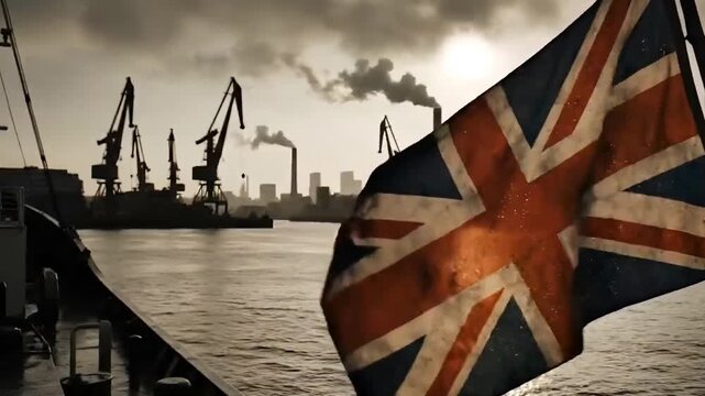 Waving Union Jack Flag Over Gritty Industrial Port at Sunset
