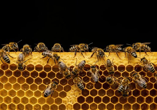 Close-up of bustling honeybees diligently working on a golden honeycomb, illustrating industry, cooperation, and productivity in nature ,nature ,insect ,golden