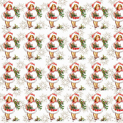 Vintage Christmas pattern with a retro illustration of a girl in festive winter attire holding holly and snowflakes on a white background. Perfect for holiday wrapping or retro decor.