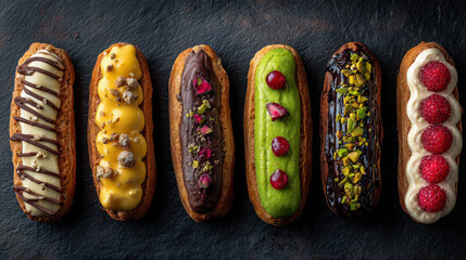 colorful eclairs with various toppings flat lay