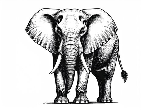 Monochrome illustration of an African elephant, facing the viewer