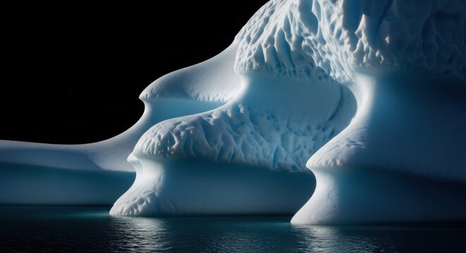 Majestic iceberg formation with intricate textures. Dramatic natural sculpture in arctic waters. Global warming and climate change concept. Abstract environmental beauty and raw power