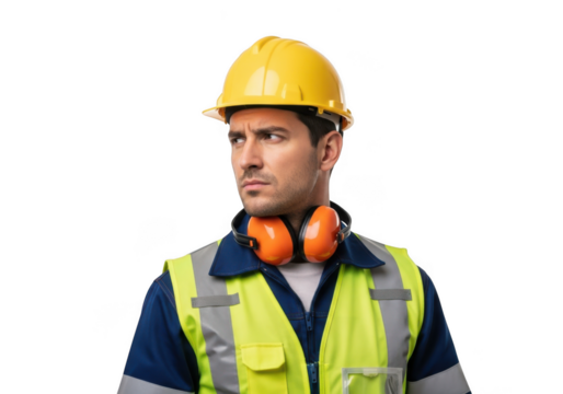 Serious construction worker wearing a yellow hard hat and high visibility vest with ear protection isolated on transparent background