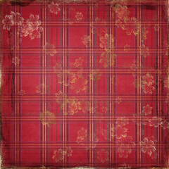 Vintage red plaid Christmas background with gold snowflake details and grunge texture. Perfect for holiday cards, wrapping paper, invitations, and festive digital designs.