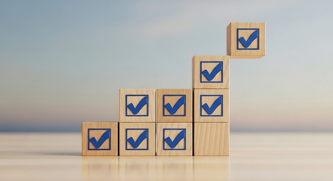 Ensure project completion with this visual checklist showing progress and success using wooden blocks with blue checkmarks on a soft gradient background - Powered by Adobe