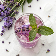 Iced Lavender Tea with Mint Garnish, top view, isolated on white