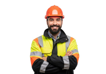 Fototapeta premium Smiling construction worker wearing an orange hard hat and a high visibility safety jacket with arms crossed isolated on transparent background