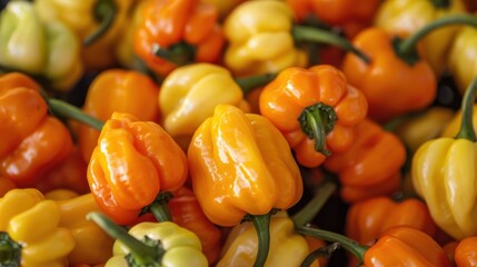 A close-up of vibrant yellow, orange, and green bell peppers stacked together. The peppers have smooth skin and are fresh, showcasing their natural colors.