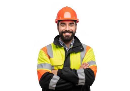 Smiling construction worker wearing an orange hard hat and a high visibility safety jacket with arms crossed isolated on transparent background