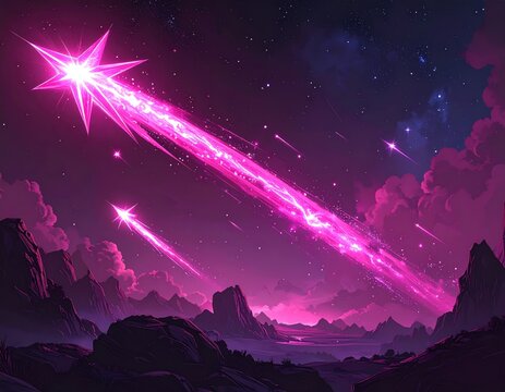 Pink, cosmic burst streaks across a starry, mountainous landscape - Powered by Adobe